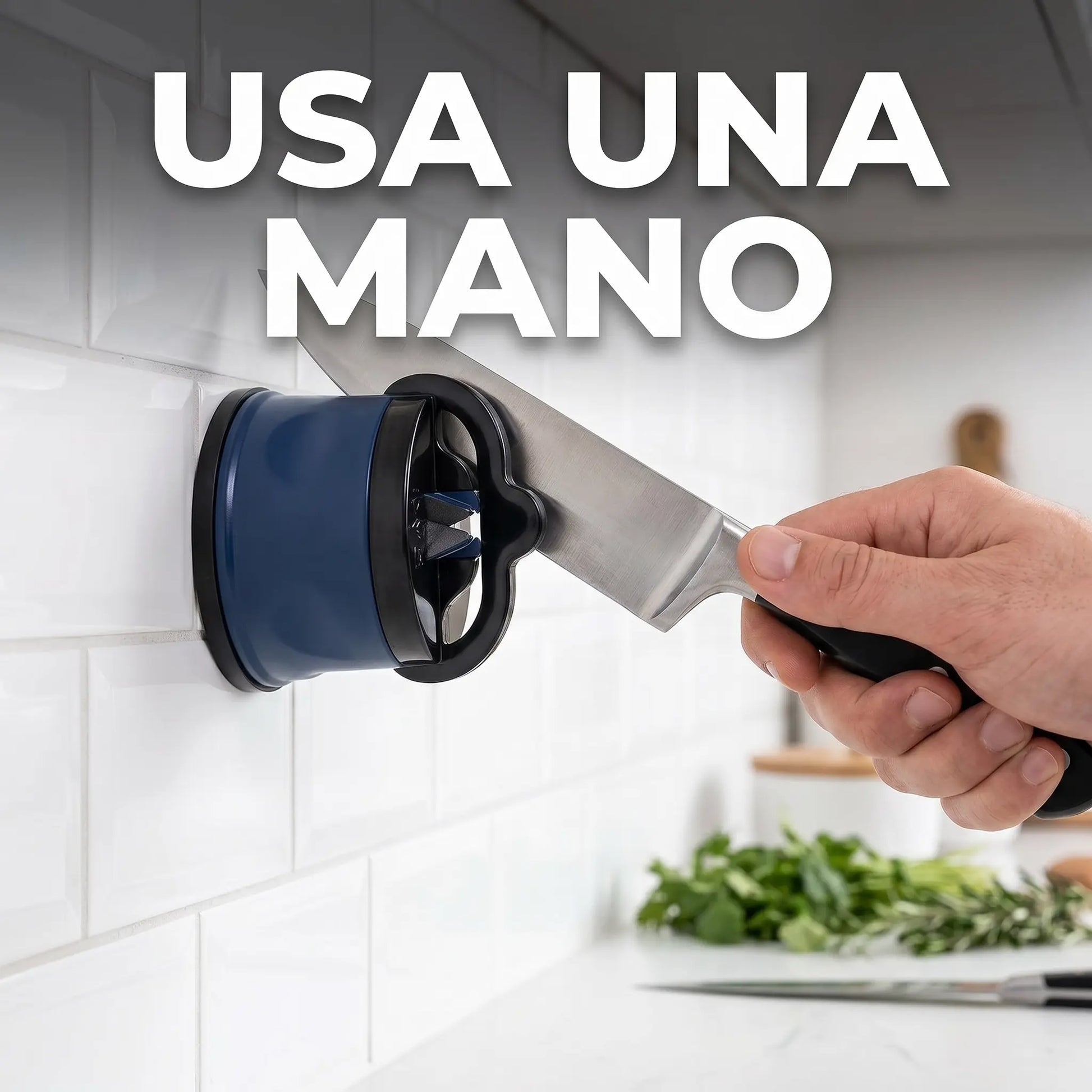 Afilador de cuchillos pegado a la pared con ventosa para uso fácil y seguro con una sola mano.