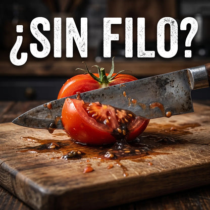 Problema de cuchillo sin filo aplastando tomate en la cocina solucionado con afilador manual.